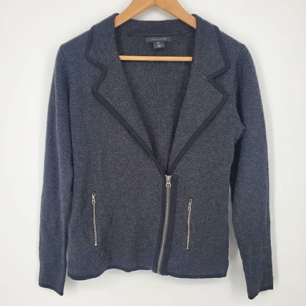 Tahari Women's Grey Black Moto Style Wool‎ Blend Sweater Jacket Size Small